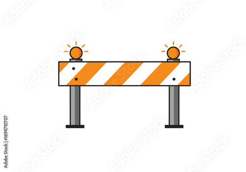 An orangestriped road barrier with two lit orange warning lights on top supported by two gray poles