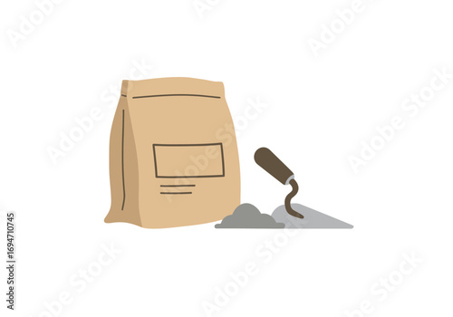 Brown bag sits with gray mortar on a silver trowel against a white background