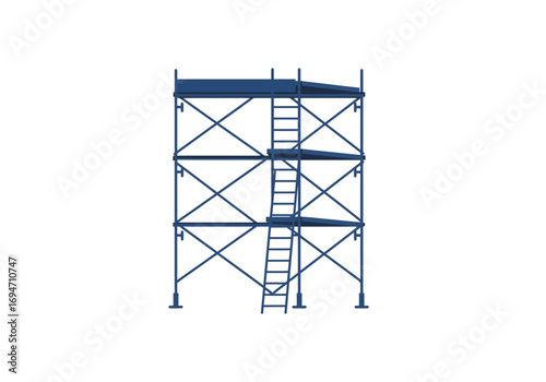 Blue scaffolding structure with three levels and ladder on a white background