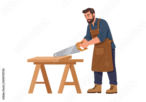 Carpenter cutting wood with a saw on a sawhorse wearing an apron boots and blue shirt