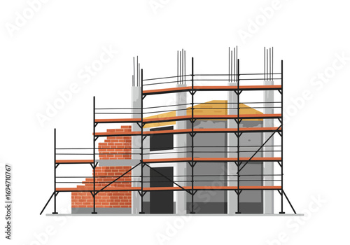 Building under construction with scaffolding showing brickwork and concrete structure
