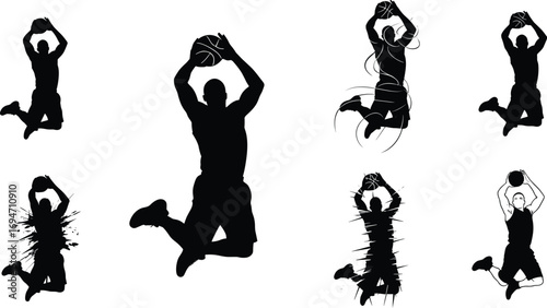 Basketball Slam Dunk Silhouettes in Five Stylized Variations with Motion Effects on White Background for Sports and Design Content