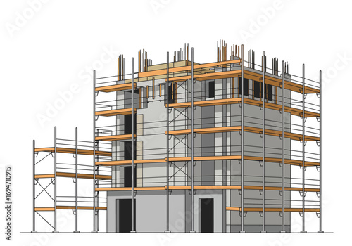 Concrete building under construction with scaffolding