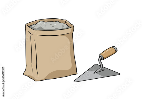 Cement bag with grey concrete next to a brick trowel with a wooden handle