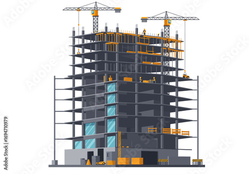 Construction site with a tall building in progress featuring cranes workers and building materials