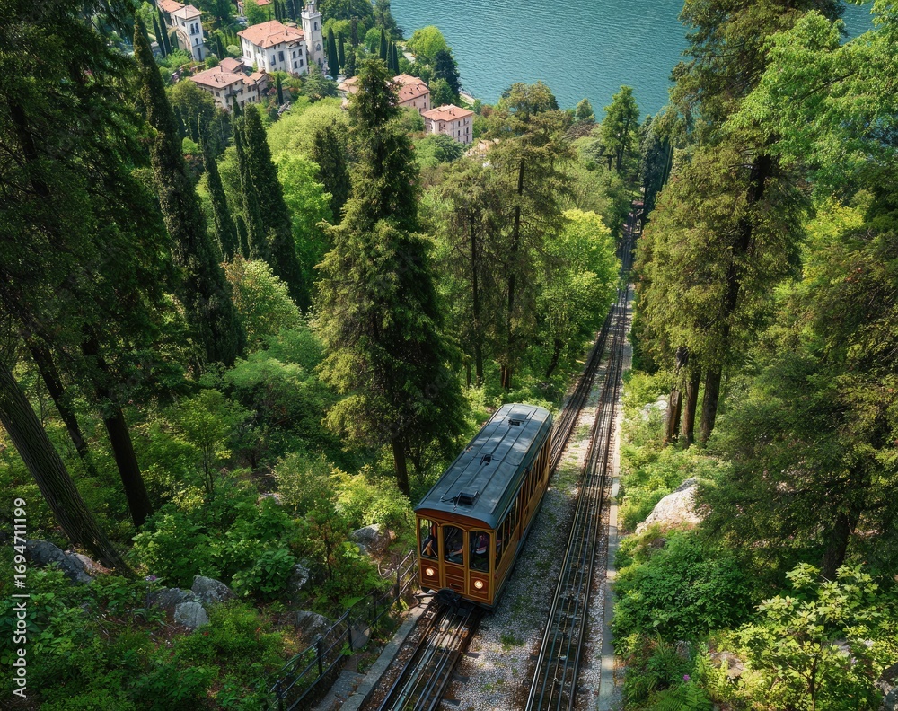 Fototapeta premium Scenic mountain funicular ride overlooking a lake and town