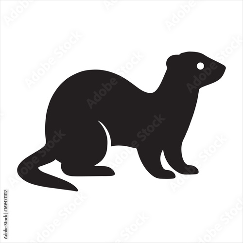 Silhouette of a sleek weasel standing alert with its tail extended on a white background