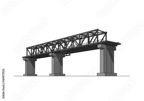 Gray bridge with trusses atop concrete pillars spanning a horizontal line