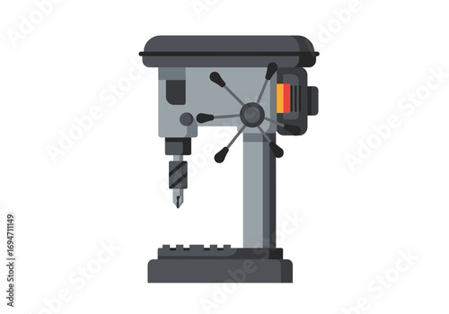 Gray drill press with visible bit handle and power switch on a white background