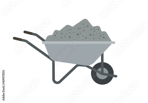 Gray wheelbarrow filled with gray gravel on a white background