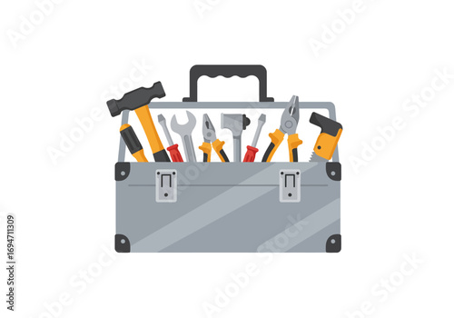 Metal toolbox filled with tools like hammers screwdrivers pliers and wrenches