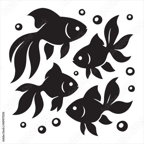 Four silhouetted black goldfish swimming together with bubbles in a simple artistic illustration