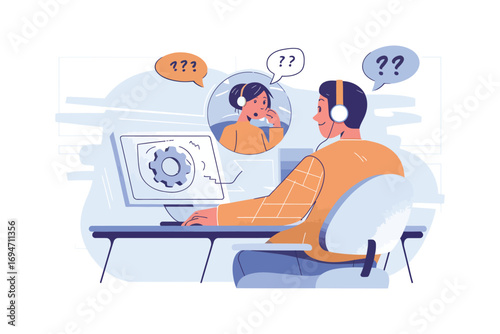 Customer Support Call Center Illustration,  Flat Cartoon Vector Depicting Call Center Employee Talking with Client, Phone Assistance, and Helpline Communication Concept Scene