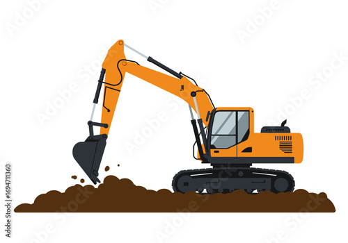 Orange excavator digs into a pile of brown soil stationary against a white backdrop