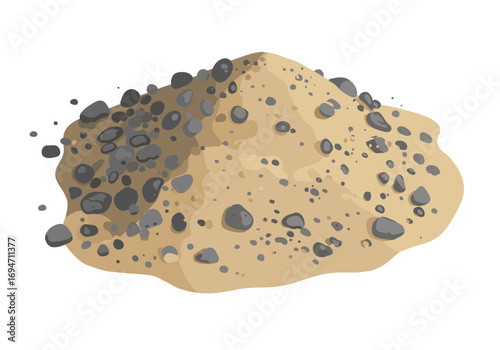 Pile of tancolored sand mixed with numerous graytoned pebbles of varying sizes