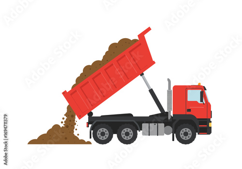 Red dump truck dumping dirt