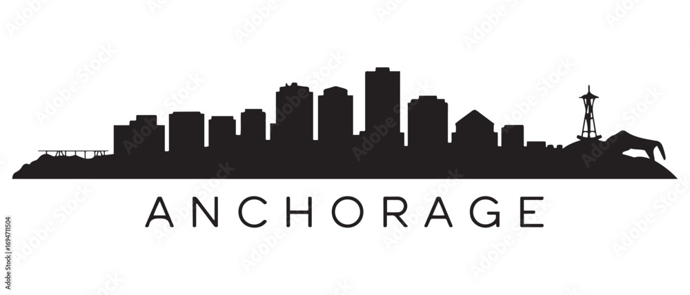 Fototapeta premium Anchorage skyline silhouette. Black Anchorage city design. Vector black silhouette. with white background