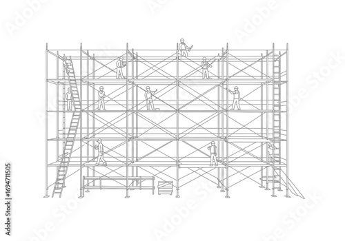 Scaffolding structure with workers on different levels