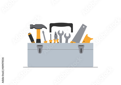 Toolbox filled with a hammer screwdrivers wrenches pliers and a saw