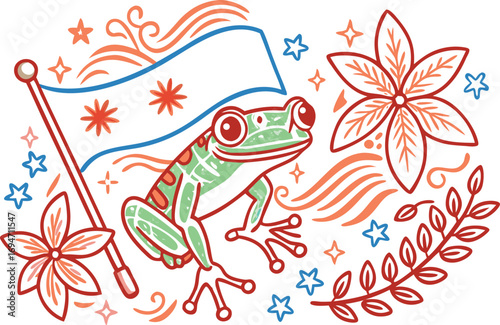 Frog Holding Flag Surrounded by Flowers and Stars amphibian