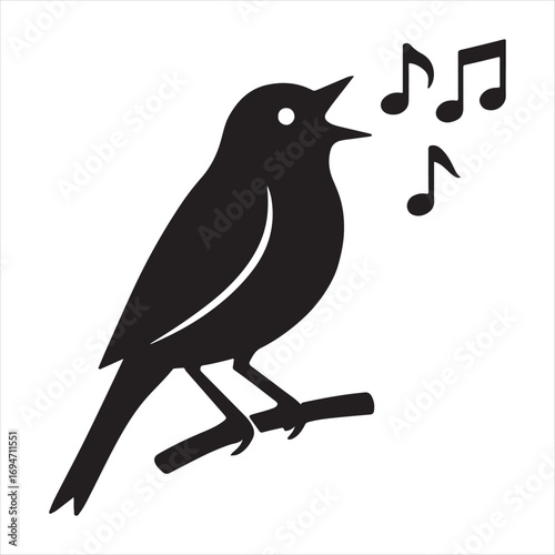 Silhouette of a black bird perched on a branch singing musical notes in the air