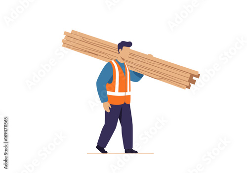 Vector art shows a man in work vest carrying lumber on his shoulder