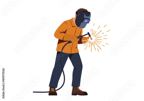 Welder in mask with welding torch producing sparks