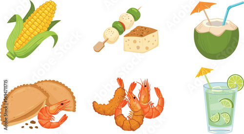 Cartoon illustration of corn, shrimp, cheese skewer, coconut drink, empanadas, and lime drink on transparent background