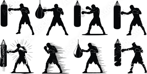 Boxing Silhouettes in Varied Punching Bag Action Poses on White Background for Sports, Fitness, and Design Content