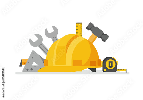Yellow hard hat surrounded by tools wrenches a hammer ruler triangle and a tape measure