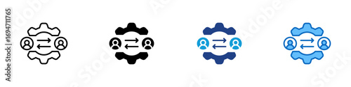 User Workflow Multiple Style Icon Design Vector - Two user avatars connected through gear and arrows, representing workflow between users or user transfe