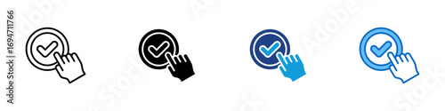 Verified Action Multiple Style Icon Design Vector - hand clicking a circle with a checkmark. Represents confirmation, user verification, and approval process