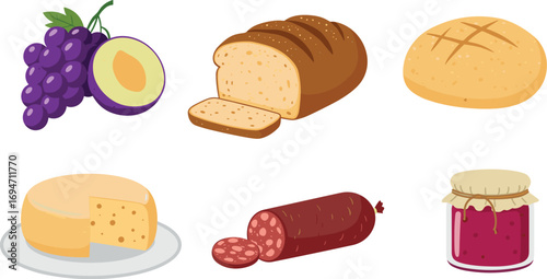 Cartoon illustration of grapes, bread, cheese, salami, and jam on transparent background