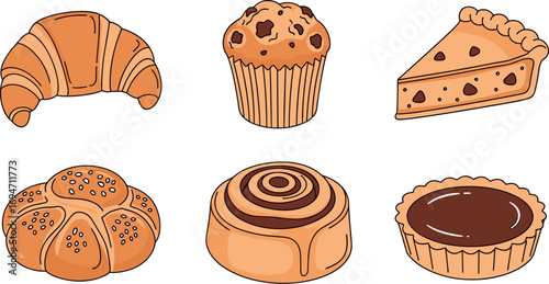Illustration of various baked goods: croissant, muffin, pie slice, roll, and tart on transparent background
