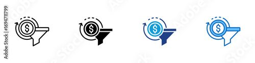 Conversion Goal Multiple Style Icon Design Vector - funnel with a dollar symbol in the center of a rotating arrow. Represents conversion tracking, revenue targeting, and marketing ROI
