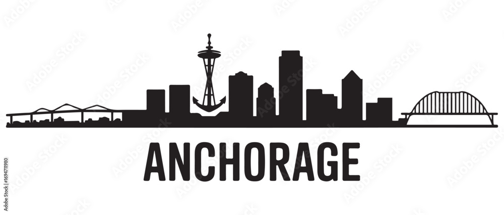 Obraz premium Anchorage skyline silhouette. Black Anchorage city design. Vector black silhouette. with white background