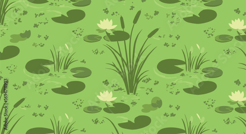 Green pond pattern with lily pads, cattails, and water lilies on transparent background