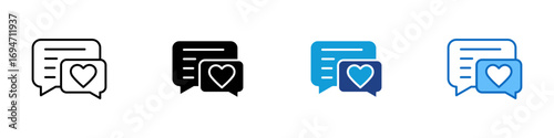 Social Feedback Multiple Style Icon Design Vector - Two speech bubbles, one containing a heart. Represents social interaction, customer feedback, and user engagement