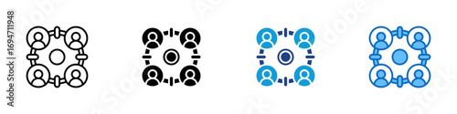 Team Collaboration Multiple Style Icon Design Vector - Four user avatars arranged in a circular target around a central hub. Represents team target collaboration, goals, and group engagement