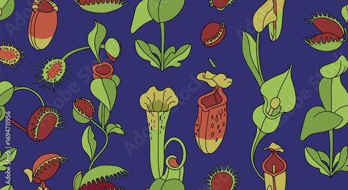 Patterned image of cartoon venus flytraps and pitcher plants on purple background on transparent background
