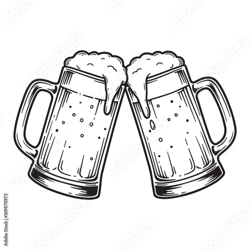Beer mugs toasting silhouette vector design for celebration, party, cheers, pub, october fest and drink-themed decoration. hand drawn vector illustration of a beer bottle and beer