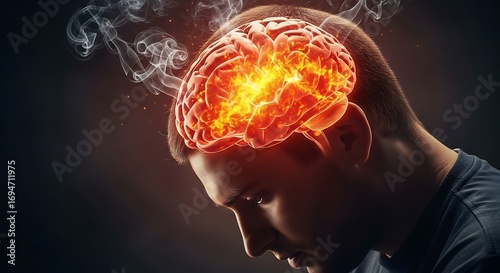 Wallpaper Mural A conceptual image of a man with a glowing, smoking brain, symbolizing burnout, stress, mental health issues, and the consequences of overthinking Torontodigital.ca