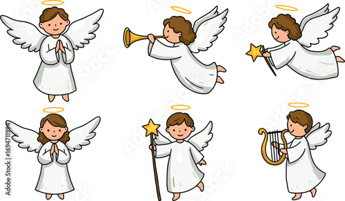 Cartoon illustration of six angels with halos and wings on transparent background