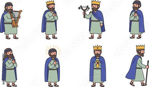 Cartoon depiction of king david in various poses and attire on transparent background