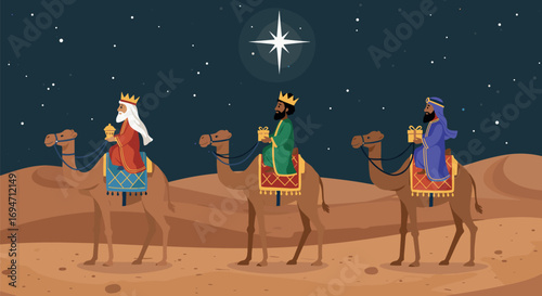 Three wise men on camels approaching Bethlehem, carrying gifts, desert dunes, star of Bethlehem shining in sky
