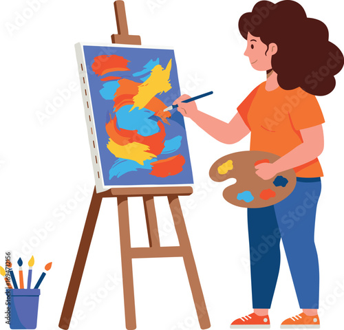Woman painting an abstract artwork on canvas with easel and palette on transparent background