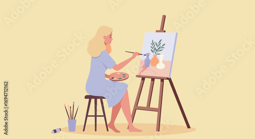 Blonde woman painting a still life on canvas on transparent background