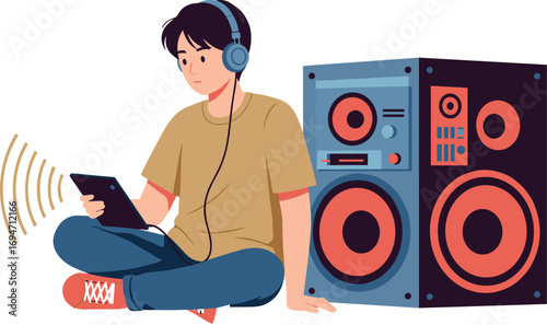 Person with headphones sitting cross-legged with tablet beside a large speaker on transparent background