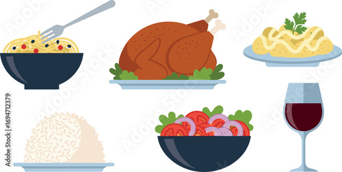 Illustration of a thanksgiving dinner with turkey, salad, pasta, mashed potatoes, rice, and wine on transparent background