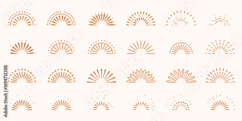 Collection of abstract boho sunburst and sunrise semicircle graphic elements in warm terracotta orange tones